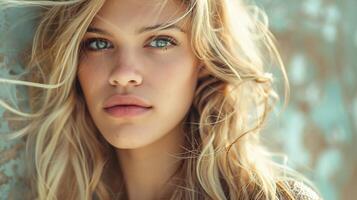 beautiful fashion model with long blond hair look photo