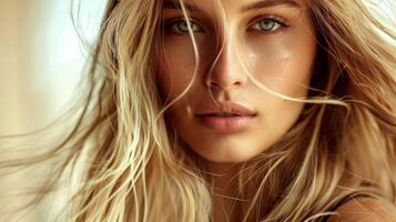 beautiful fashion model with long blond hair look photo