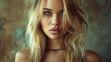 beautiful fashion model with long blond hair look photo