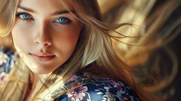 beautiful fashion model with long blond hair look photo