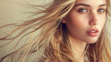 beautiful fashion model with long blond hair look photo