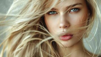 beautiful fashion model with long blond hair look photo