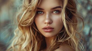 beautiful fashion model with long blond hair look photo