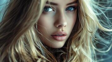 beautiful fashion model with long blond hair look photo