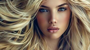 beautiful fashion model with long blond hair look photo