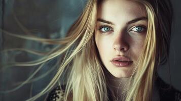 beautiful fashion model with long blond hair look photo