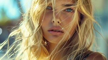 beautiful fashion model with long blond hair look photo