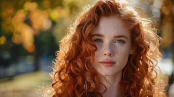 beautiful redhead woman with curly hair looking photo