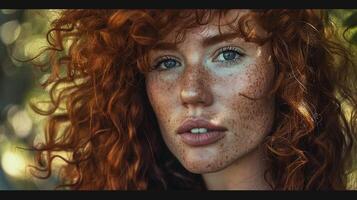 beautiful redhead woman with curly hair looking photo