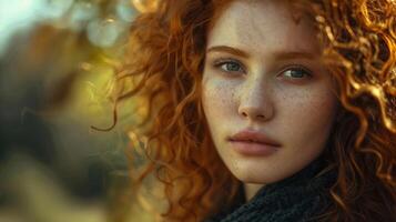 beautiful redhead woman with curly hair looking photo