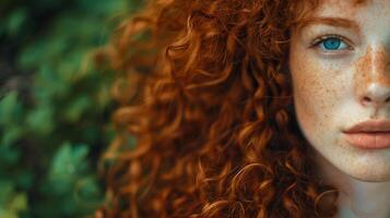 beautiful redhead woman with curly hair looking photo