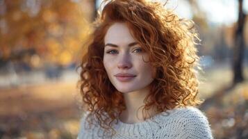 beautiful redhead woman with curly hair looking photo