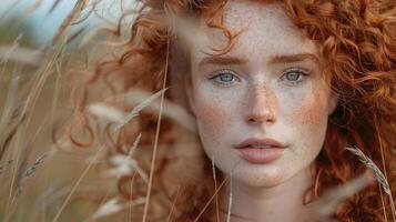 beautiful redhead woman with curly hair looking photo