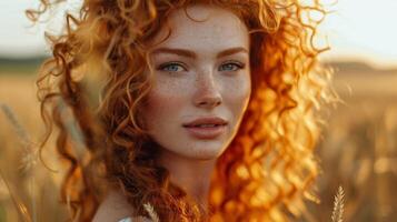 beautiful redhead woman with curly hair looking photo