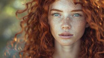 beautiful redhead woman with curly hair looking photo