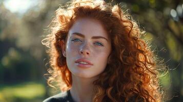 beautiful redhead woman with curly hair looking photo