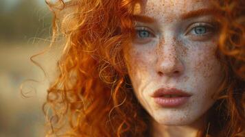 beautiful redhead woman with curly hair looking photo