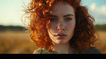 beautiful redhead woman with curly hair looking photo