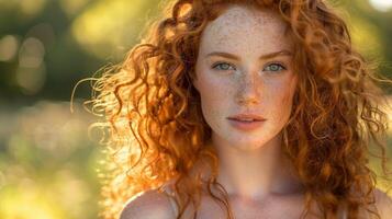 beautiful redhead woman with curly hair looking photo