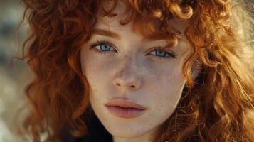 beautiful redhead woman with curly hair looking photo