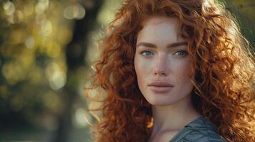 beautiful redhead woman with curly hair looking photo