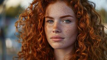 beautiful redhead woman with curly hair looking photo