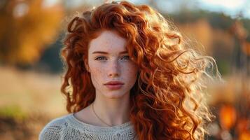 beautiful redhead woman with curly hair looking photo