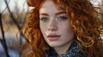 beautiful redhead woman with curly hair looking photo