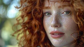 beautiful redhead woman with curly hair looking photo