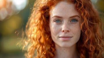 beautiful redhead woman with curly hair looking photo