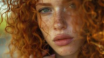 beautiful redhead woman with curly hair looking photo