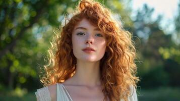 beautiful redhead woman with curly hair looking photo