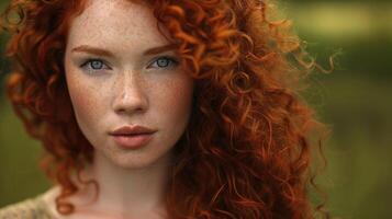 beautiful redhead woman with curly hair looking photo