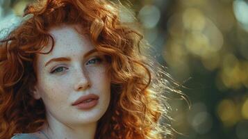 beautiful redhead woman with curly hair looking photo