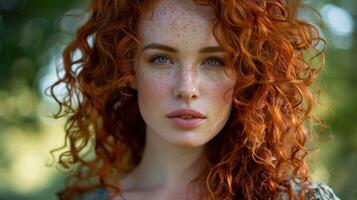 beautiful redhead woman with curly hair looking photo