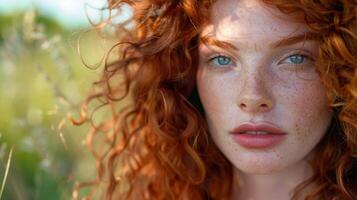 beautiful redhead woman with curly hair looking photo