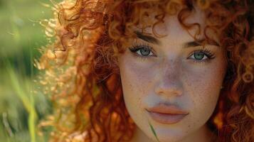 beautiful redhead woman with curly hair looking photo