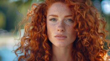 beautiful redhead woman with curly hair looking photo