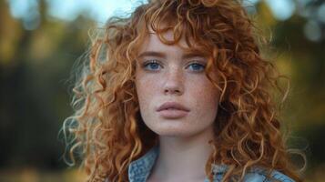 beautiful redhead woman with curly hair looking photo