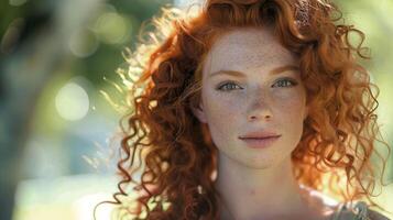 beautiful redhead woman with curly hair looking photo