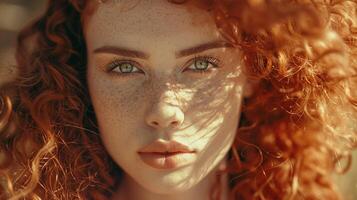 beautiful redhead woman with curly hair looking photo