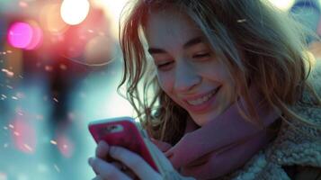 hermosa sonriente niña utilizando móvil teléfono pase a ver foto