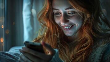 beautiful smiling girl using mobile phone lookin photo