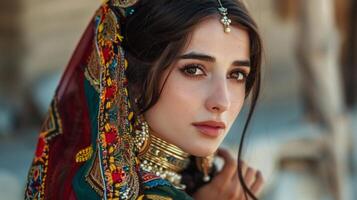 hermosa mujer en tradicional ropa mirando foto
