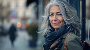 hermosa mujer con gris pelo sonriente confidente foto