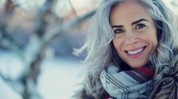 hermosa mujer con gris pelo sonriente confidente foto