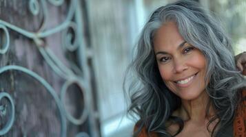 hermosa mujer con gris pelo sonriente confidente foto