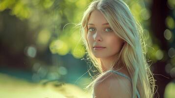 beautiful woman with long blond hair looking photo