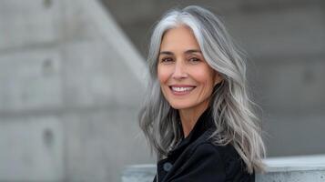 beautiful woman with gray hair smiling confident photo