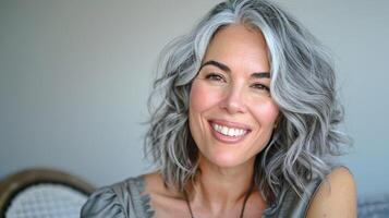 hermosa mujer con gris pelo sonriente confidente foto